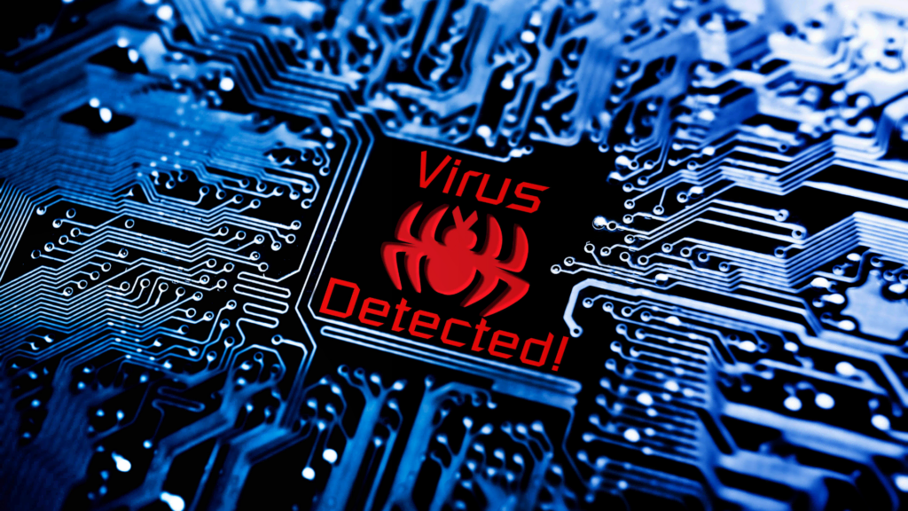 Prozessor auf Platine der die Beschriftung Virus detected trägt